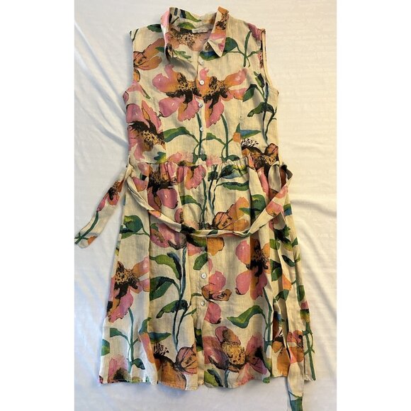 Marisa & Marie Cream Floral Button Up 100% Linen Sleeveless Collar Midi Dress S - Picture 1 of 8